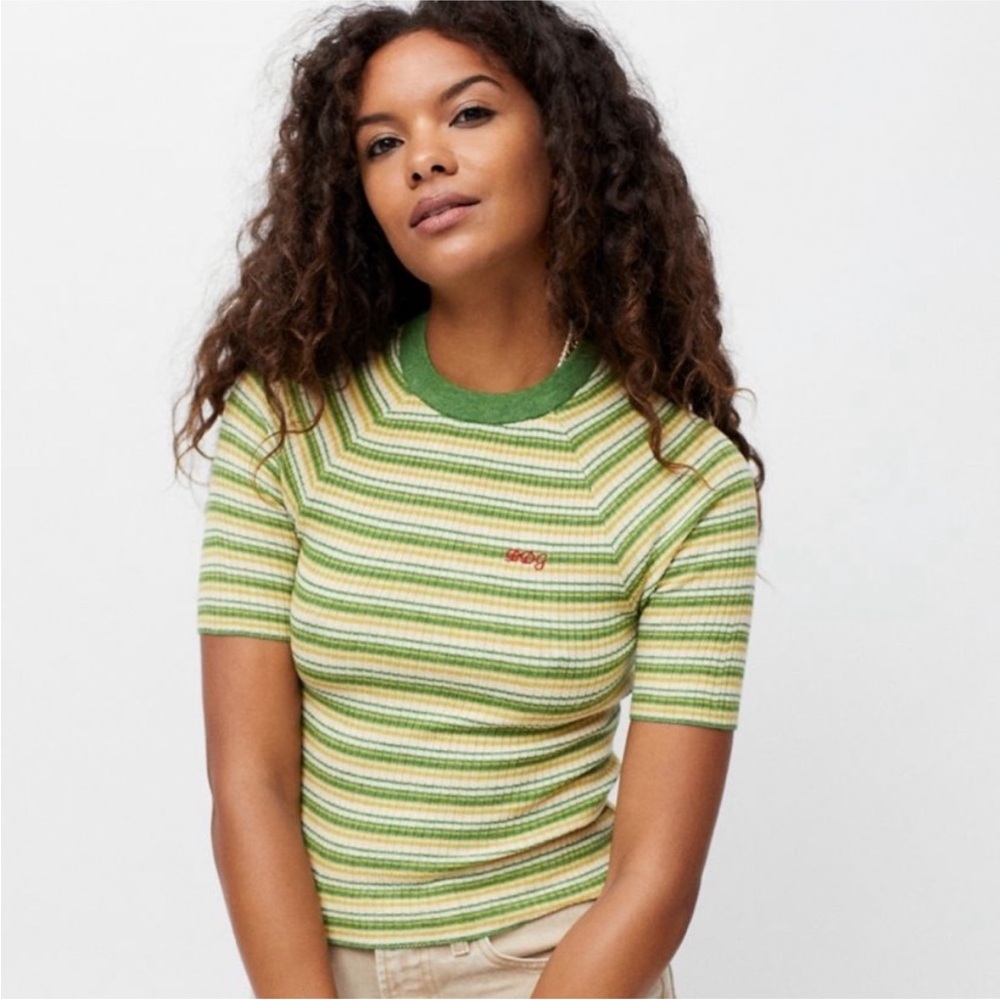 BDG Green & Cream Striped Ribbed Short Sleeve Tee